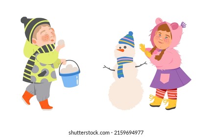 Kids winter activities set. Happy boy and girl in warm clothes making snowman and and playing snowballs cartoon vector illustration