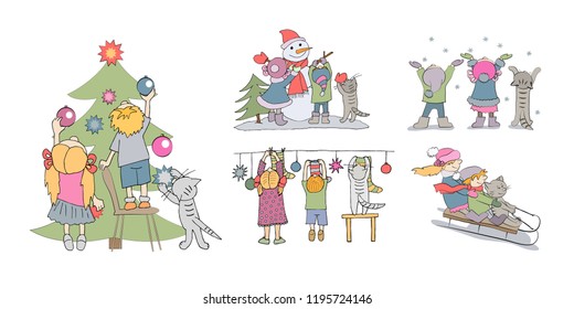 Kids winter activities, set of vector isolated cartoon illustrations. Children and cat decorating Christmas tree and playing outside.