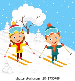 kids winter activity, cartoon kids skiing on the winter background, illustration,vector