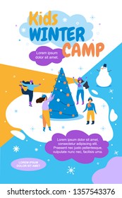 Kids Winter Camp Banner Flat Vector Illustration. On Ice People Ride Around Tree. Girl Dressed In Hat From Cold Clothes Skates Slides On Ice. Winter Holidays Snowing Holidays In Mountains