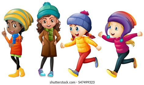 Kids in winter clothes on white