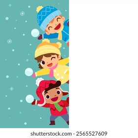 Kids in winter clothes play with snow beside blank space.