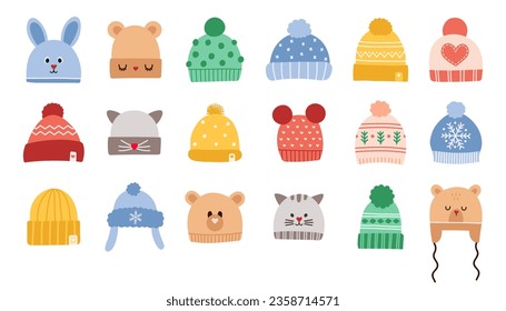 Kids winter knitting headwear set. Children autumn hats collection. Cute cartoon vector illustration.