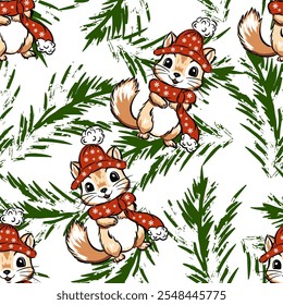 Kids winter seamless pattern Christmas squirrel dressed for winter sits among green pine branches with snowflakes.