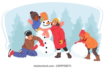 Kids Winter Spare Time Recreation, Little Children Character Having Outdoors Fun, Make Snowman. Winter Time Snow Games, Amusement and Relax. New Year and Christmas Activities. Vector Illustration