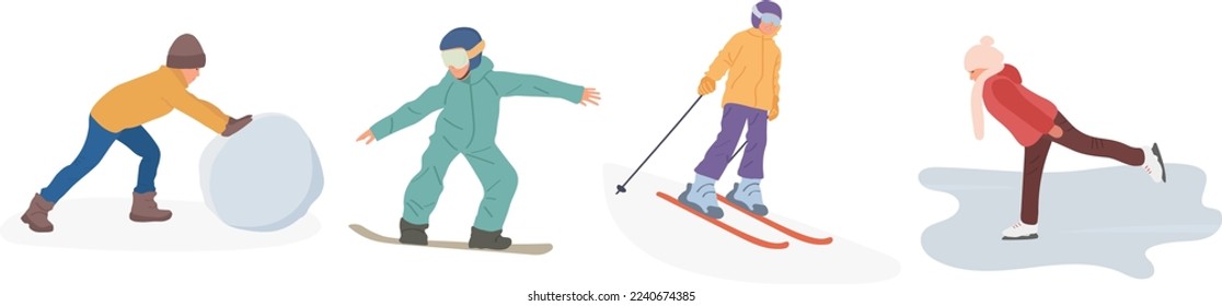 Kids winter sports, Boys and girls skiing, ice skating, snowboarding and making a snowman. Camping on a cold winter day on vacation, flat cartoon vector set of realistic people characters.