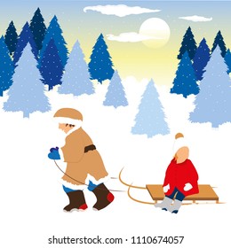 the kids in the winter woods on a sled vector