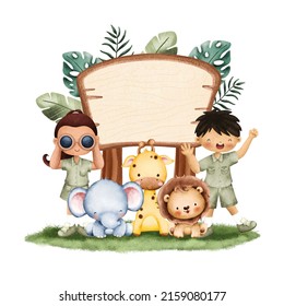 Kids and wooden sign with safari animals 
