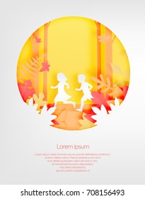 Kids In The Woods With Paper Art Style And Beautiful Pastel Color Background Vector Illustration