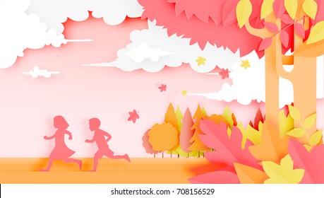 Kids In The Woods With Paper Art Style And Beautiful Pastel Color Background Vector Illustration