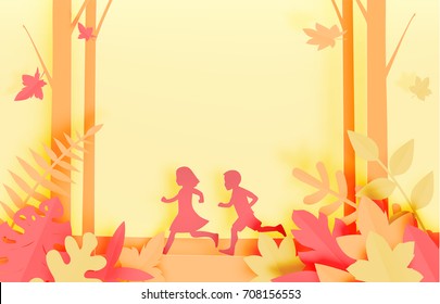 Kids in the woods with paper art style and beautiful pastel color background vector illustration
