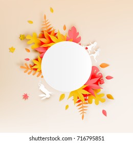Kids in the woods with paper art style and beautiful pastel color background vector illustration