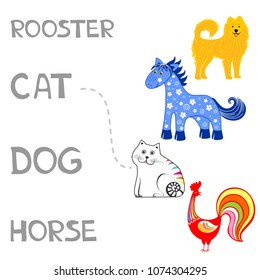 Kids words learning game worksheet read and match. Funny animals. Educational Game for Preschool Children Picture puzzle. Logic game for children. Simple flat isolated vector illustration.