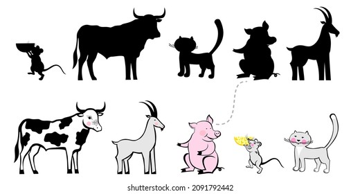 Kids words learning game worksheet read and match. Funny animals. Educational Game for Preschool Children Picture puzzle.  Logic game for children. Simple flat isolated vector illustration. 
