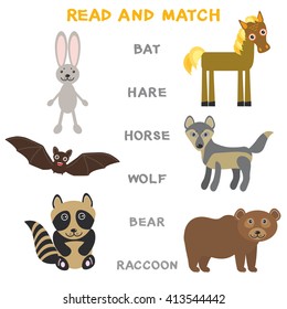 Kids words learning game worksheet read and match. Funny animals bat hare horse wolf bear raccoon Educational Game for Preschool Children Picture puzzle. Vector