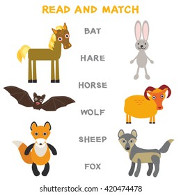 Kids words learning game worksheet read and match. Funny animals bat hare horse wolf sheep fox Educational Game for Preschool Children Picture puzzle. Vector