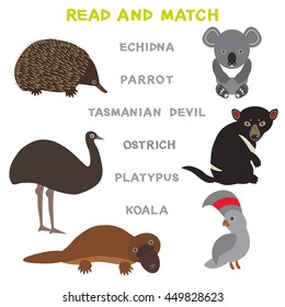 Kids words learning game worksheet read and match. Funny animals koala ostrich Echidna Tasmanian devil platypus parrot Educational Game for Preschool Children Picture puzzle. Vector