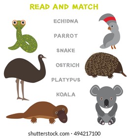 Kids words learning game worksheet read and match. Funny animals ostrich snake parrot echidna platypus koala Educational Game for Preschool Children Picture puzzle. Vector illustration