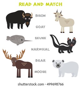 Kids words learning game worksheet read and match. Funny animals Bison Goat Skunk Narwhal Bear Moose Educational Game for Preschool Children Picture puzzle. Vector