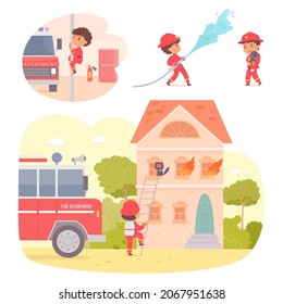 Kids work in fire department, fireman set vector illustration. Cartoon firefighter children characters rescue cat from burning house, boy in helmet holding fire hose near firetruck isolated on white