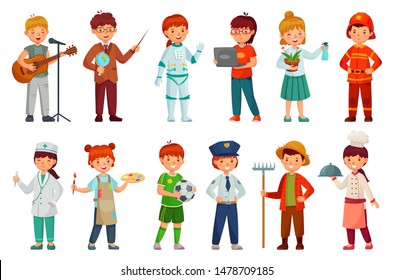 Kids workers. Child professional uniform, policeman kid and baby job professions. Children character teacher, doctor and astronaut job professional play. Cartoon isolated vector icons set