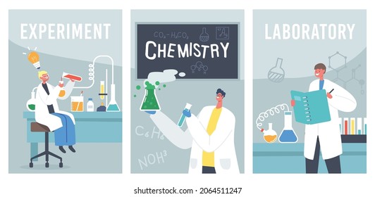 Kids Working and Experimenting Chemistry Laboratory Banners. Children Characters Study in Classroom with Test Tubes, Beakers and Science Tools, Chemist Students. Cartoon People Vector Illustration