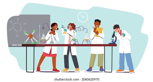 Kids Working and Experimenting in Refinery Laboratory, Children Characters Study Chemistry in Classroom with Test Tubes, Beakers and Science Tools, Chemist Students. Cartoon People Vector Illustration