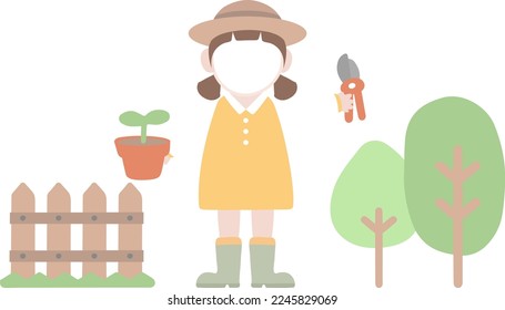 Kids Working in Garden, Planting and Watering trees vector illustration. 