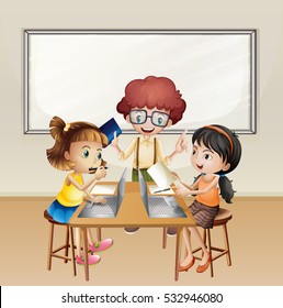 Kids working on computer in classroom illustration