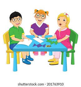 Kids Working On Table Vector Illustration