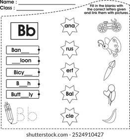 Kids worksheet (Alphabet B) : Fill in the blank with correct letter.