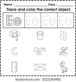 Hoja de trabajo para niños (alfabeto E): rastrea y colorea el objeto correcto.