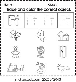 Kids worksheet (alphabet F) : Trace and color the correct object.