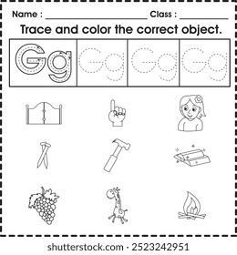 Kids worksheet (alphabet G) : Trace and color the correct object.