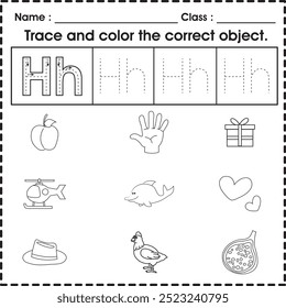 Hoja de trabajo para niños (alfabeto H): rastrea y colorea el objeto correcto.