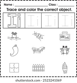 Kids worksheet (alphabet I) : Trace and color the correct object.