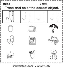 Kids worksheet (alphabet J) : Trace and color the correct object.