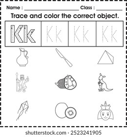 Kids worksheet (alphabet K) : Trace and color the correct object.