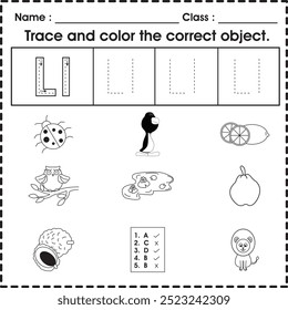 Hoja de trabajo para niños (alfabeto L): rastrea y colorea el objeto correcto.