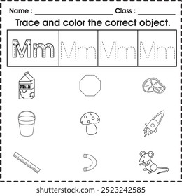 Hoja de trabajo infantil (alfabeto M): rastrea y colorea el objeto correcto.