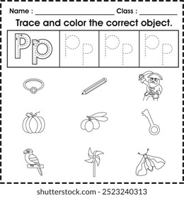 Hoja de trabajo para niños (alfabeto P): rastrea y colorea el objeto correcto.