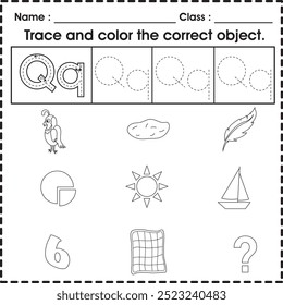 Hoja de trabajo para niños (alfabeto Q): rastrea y colorea el objeto correcto.