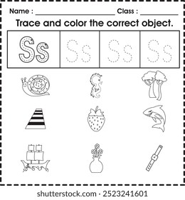 Hoja de trabajo infantil (alfabeto S): rastrea y colorea el objeto correcto.