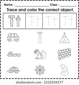 Kids worksheet (alphabet T) : Trace and color the correct object.