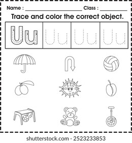 Hoja de trabajo para niños (alfabeto U): rastrea y colorea el objeto correcto.