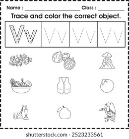 Hoja de trabajo infantil (alfabeto V): rastrea y colorea el objeto correcto.