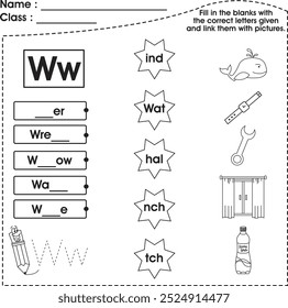 Kids worksheet (Alphabet W) : Fill in the blank with correct letter.