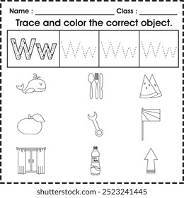 Hoja de trabajo infantil (alfabeto W): rastrea y colorea el objeto correcto.