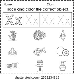 Hoja de trabajo para niños (alfabeto X): rastrea y colorea el objeto correcto.