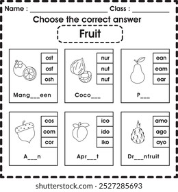 Hoja de trabajo para niños: Elige la respuesta correcta (fruta 4)